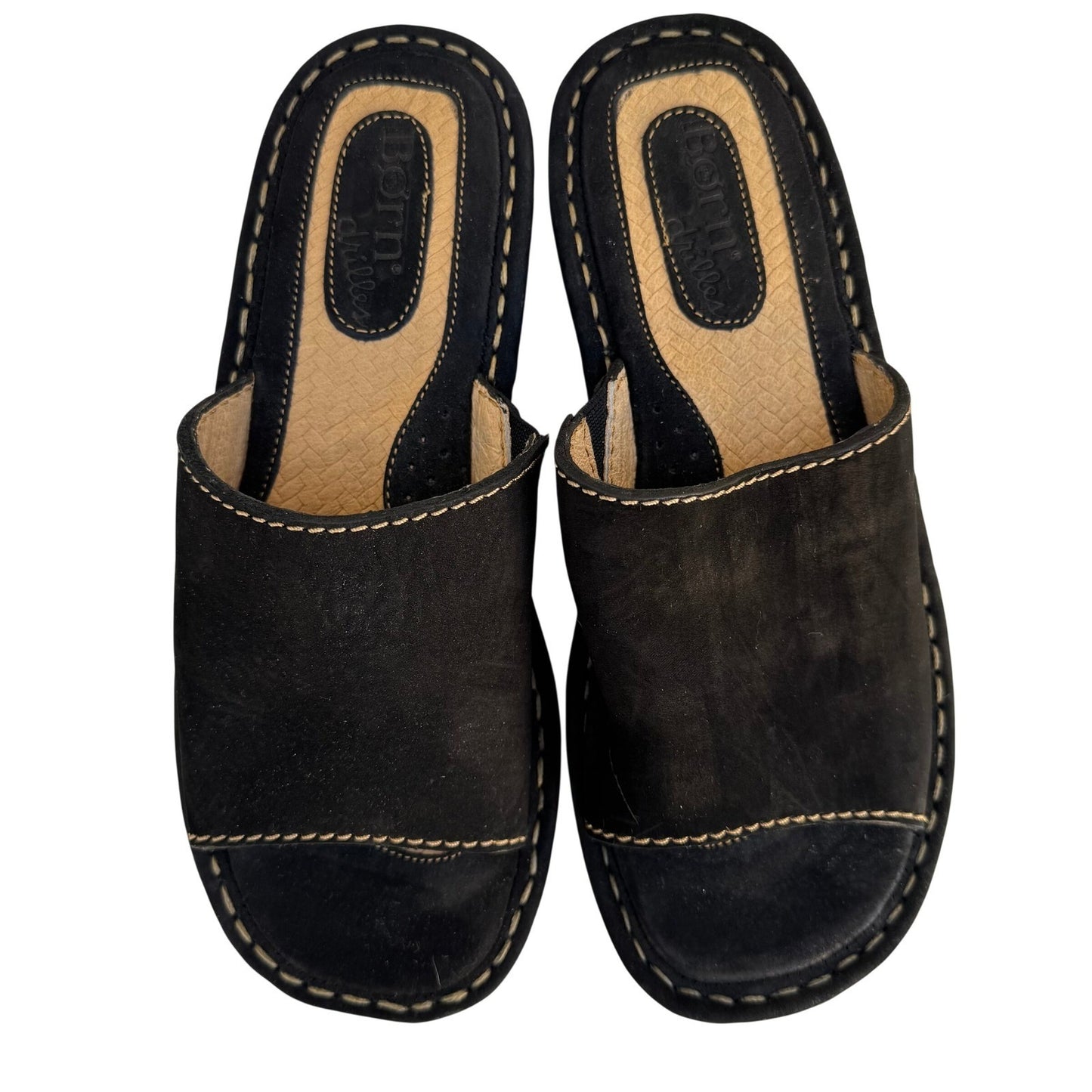 Born Drilles Womens Black Suede Espadrille Slide Sandals Whipstitch Wedge Mules