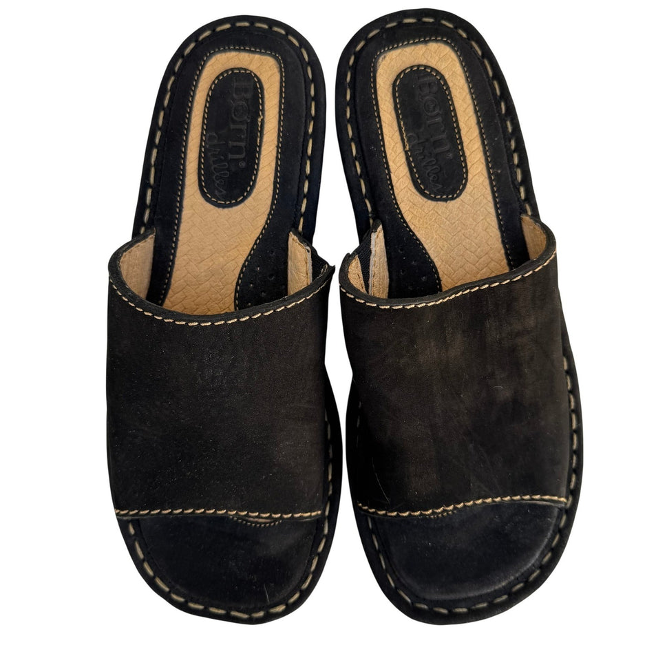 Born Drilles Womens Black Suede Espadrille Slide Sandals Whipstitch Wedge Mules