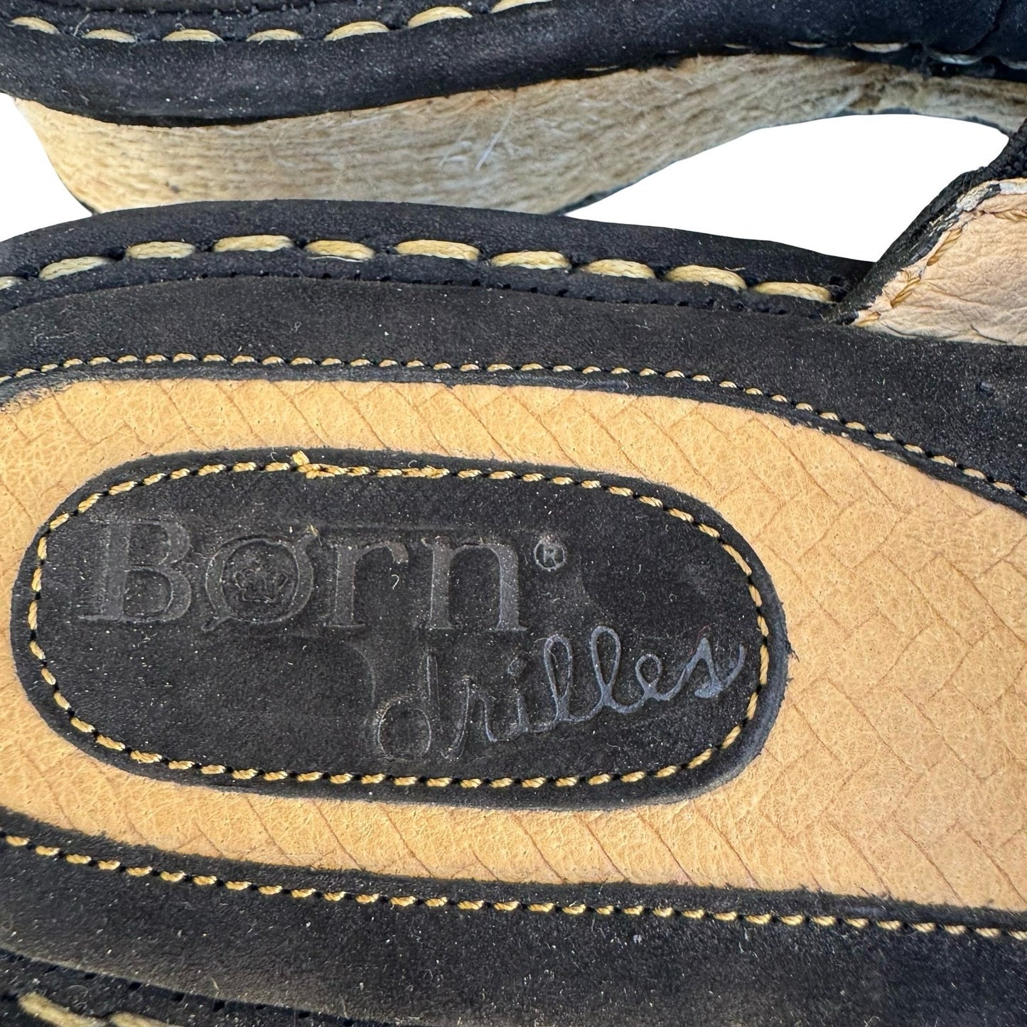 Born Drilles Womens Black Suede Espadrille Slide Sandals Whipstitch Wedge Mules