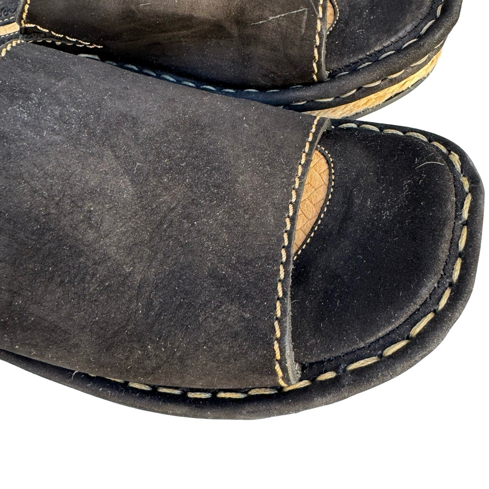 Born Drilles Womens Black Suede Espadrille Slide Sandals Whipstitch Wedge Mules