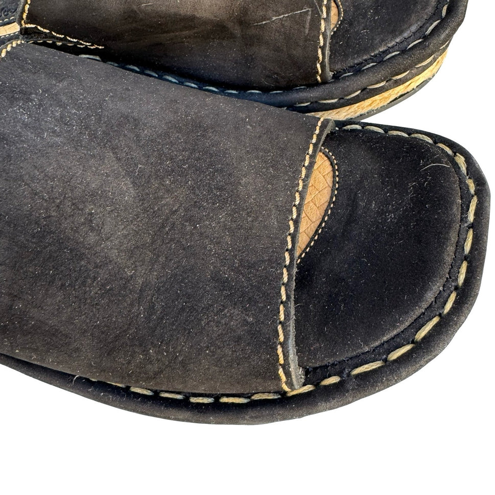 Born Drilles Womens Black Suede Espadrille Slide Sandals Whipstitch Wedge Mules