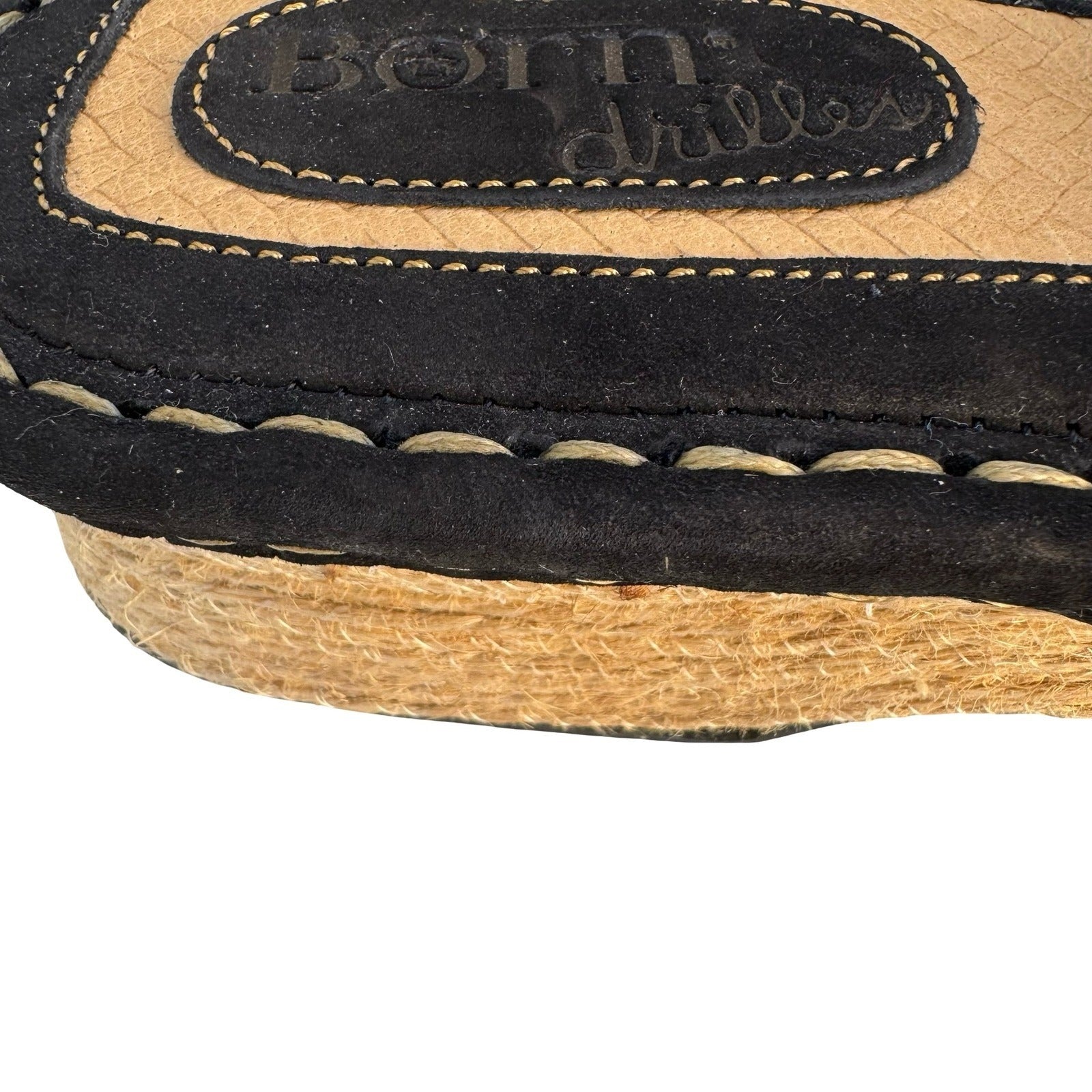 Born Drilles Womens Black Suede Espadrille Slide Sandals Whipstitch Wedge Mules