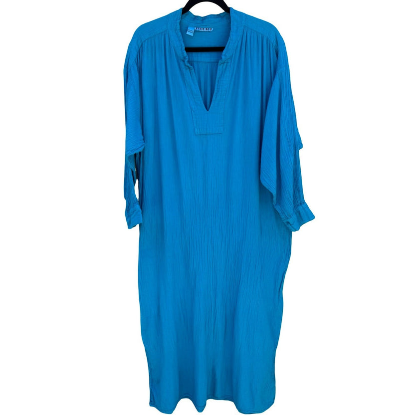 Jucesos Turquoise Blue Cotton Gauze Kaftan Dress Long Sleeve One Size Resortwear