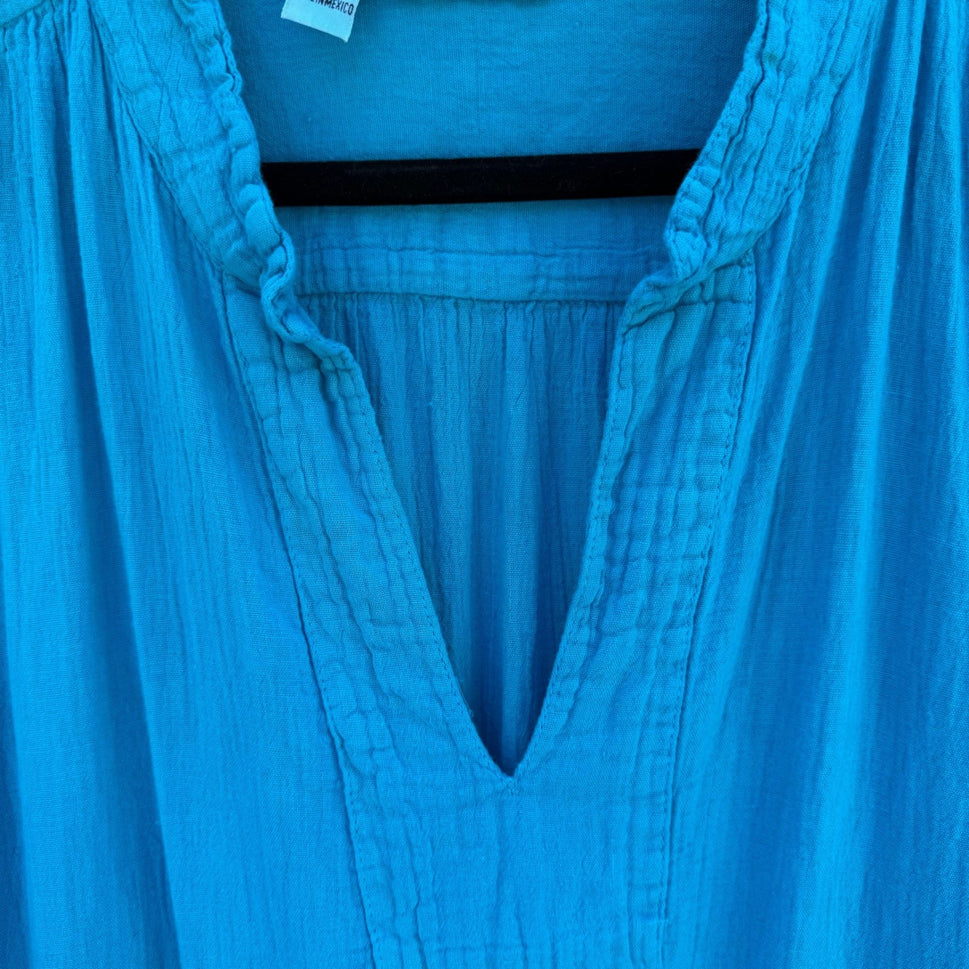 Jucesos Turquoise Blue Cotton Gauze Kaftan Dress Long Sleeve One Size Resortwear