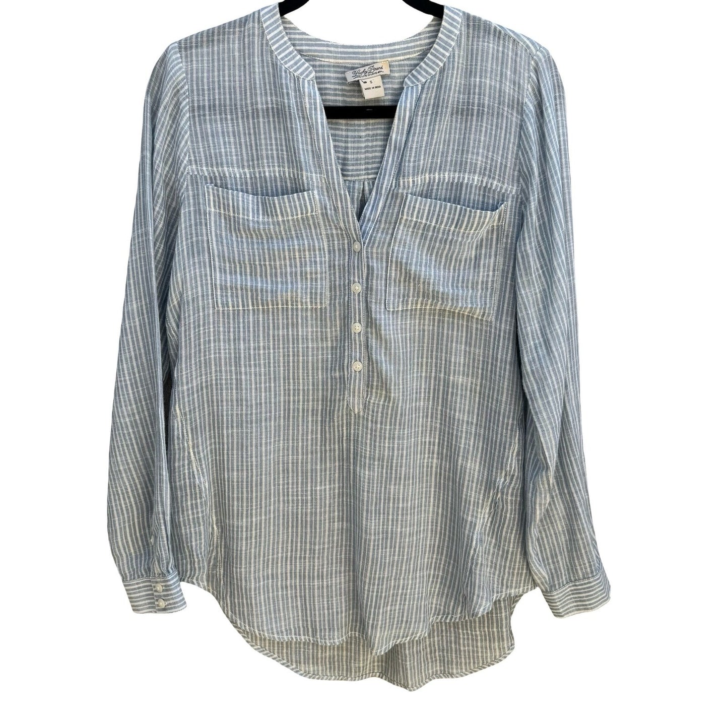 Lucky Brand Indian Cotton Linen Striped Henley Blouse Coastal Boho Blue Womens S