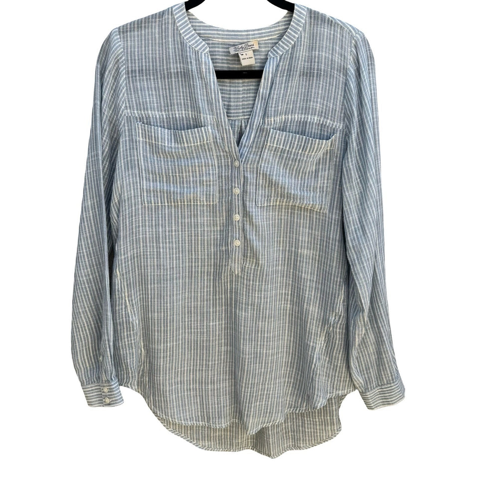 Lucky Brand Indian Cotton Linen Striped Henley Blouse Coastal Boho Blue Womens S