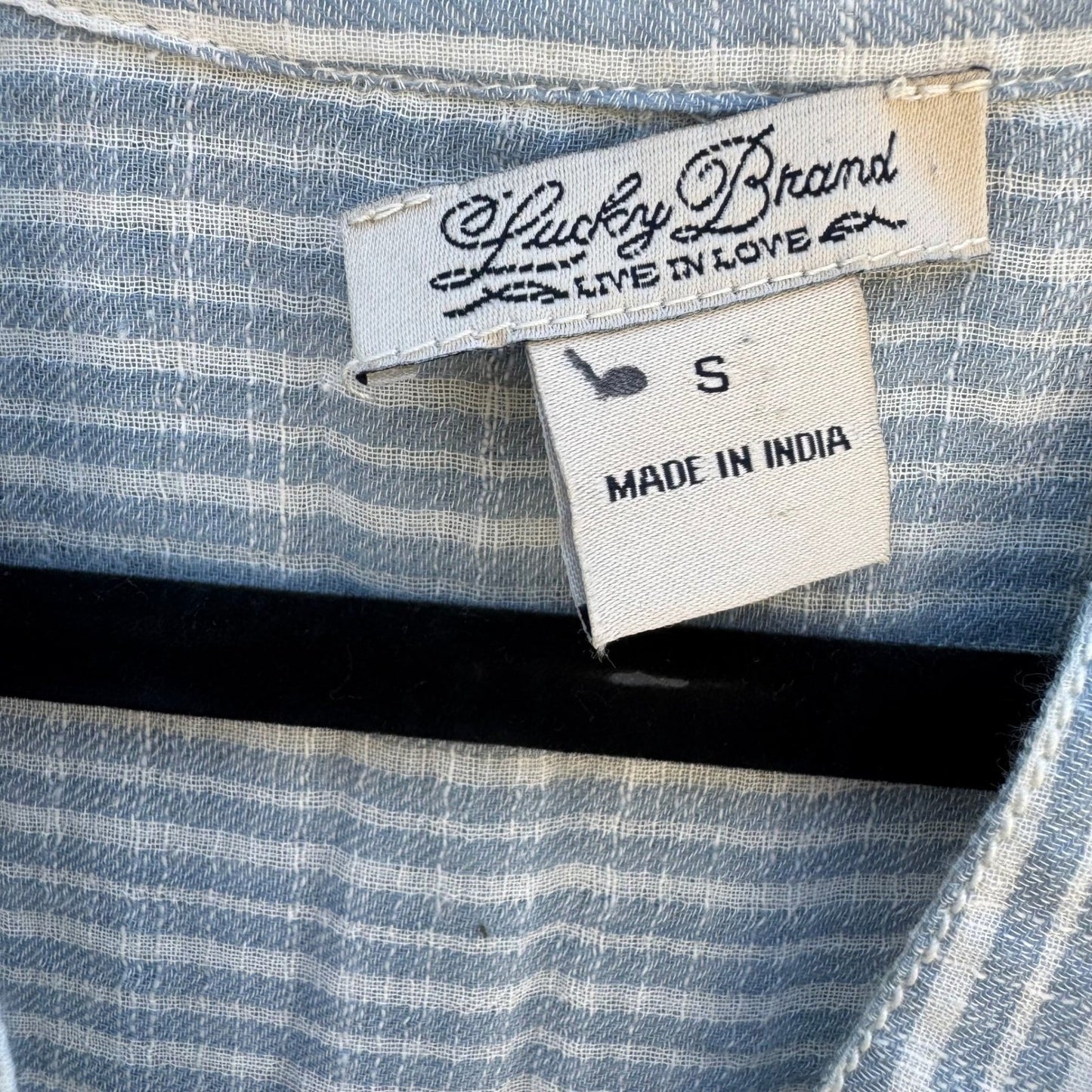 Lucky Brand Indian Cotton Linen Striped Henley Blouse Coastal Boho Blue Womens S