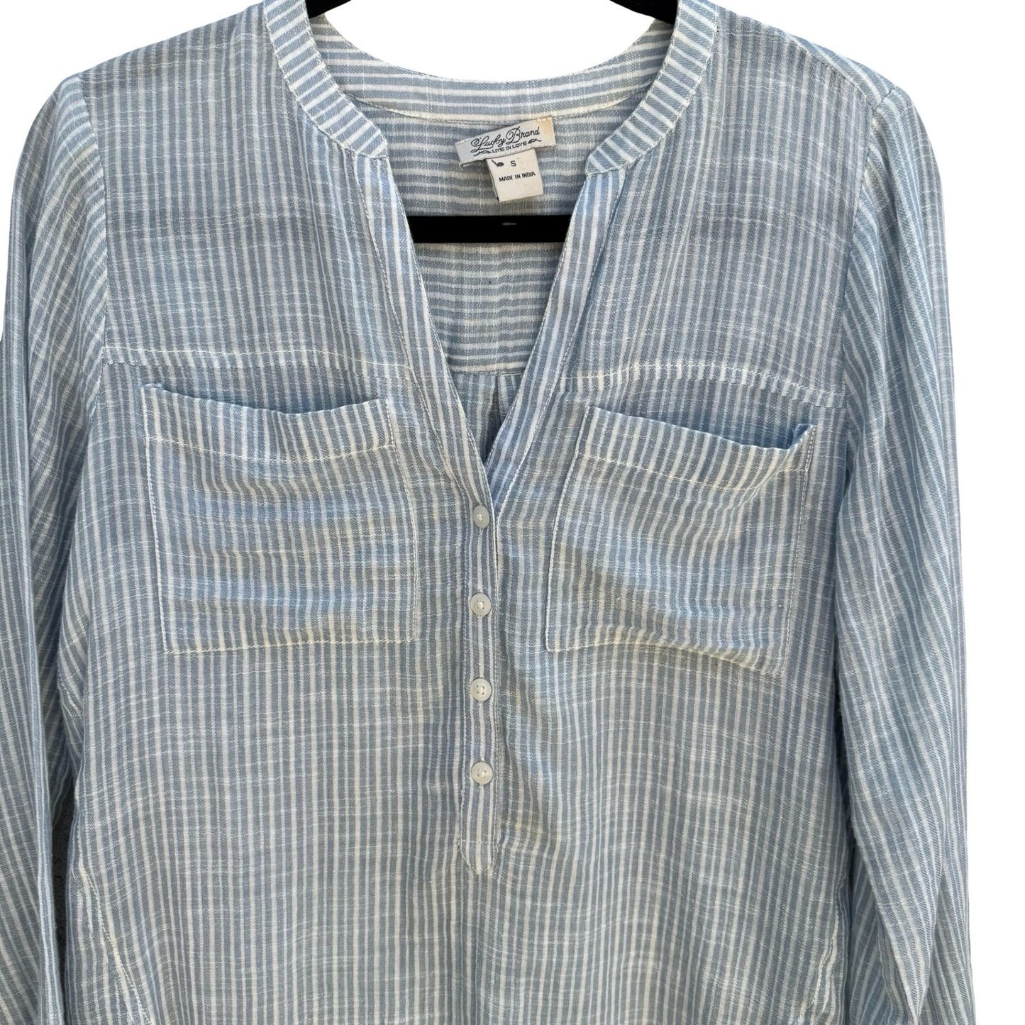 Lucky Brand Indian Cotton Linen Striped Henley Blouse Coastal Boho Blue Womens S