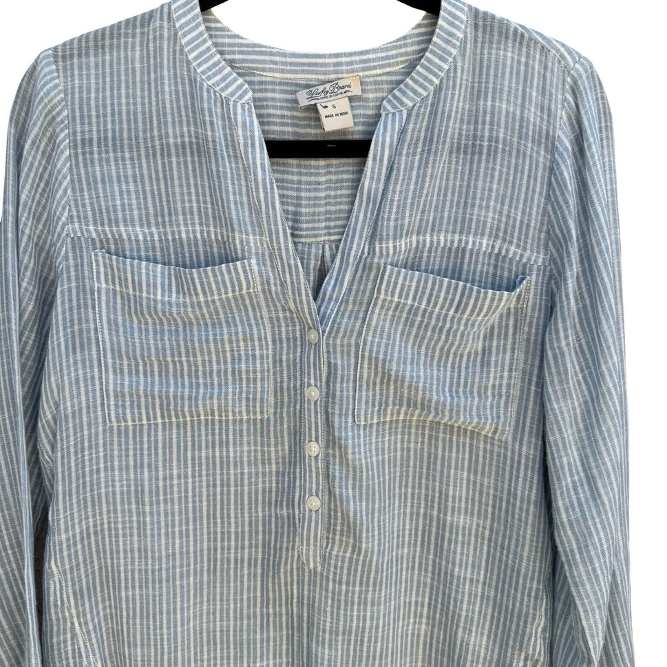 Lucky Brand Indian Cotton Linen Striped Henley Blouse Coastal Boho Blue Womens S