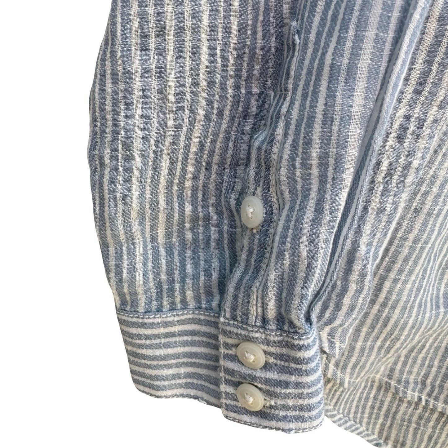 Lucky Brand Indian Cotton Linen Striped Henley Blouse Coastal Boho Blue Womens S