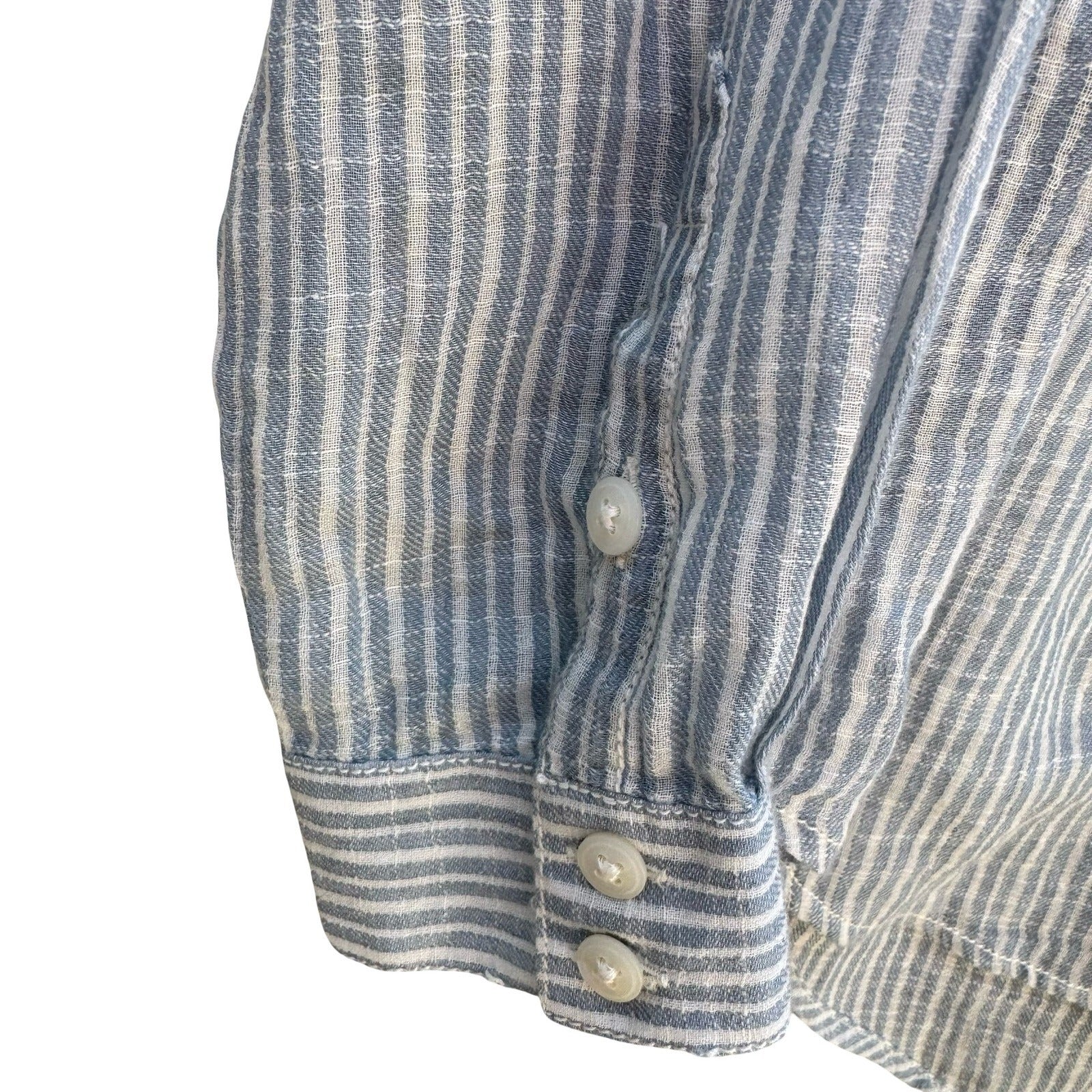Lucky Brand Indian Cotton Linen Striped Henley Blouse Coastal Boho Blue Womens S