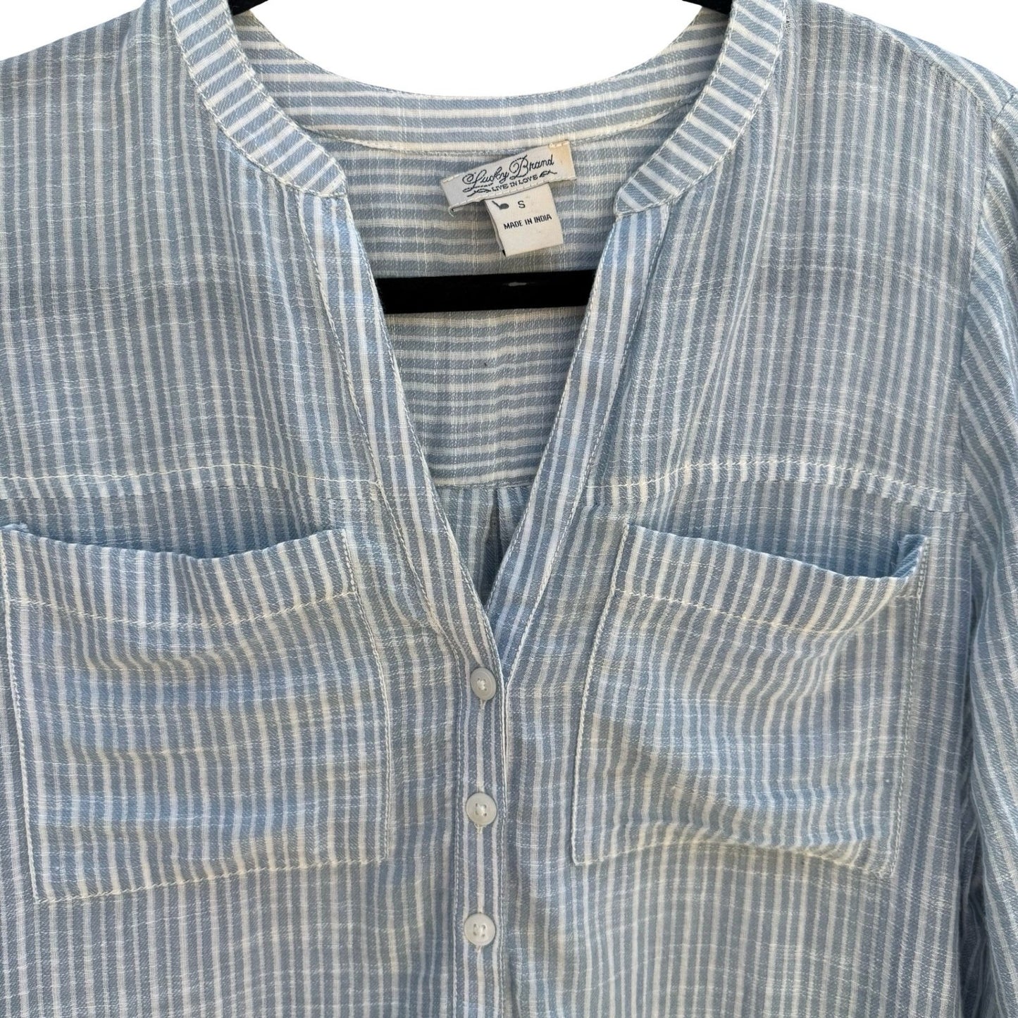 Lucky Brand Indian Cotton Linen Striped Henley Blouse Coastal Boho Blue Womens S