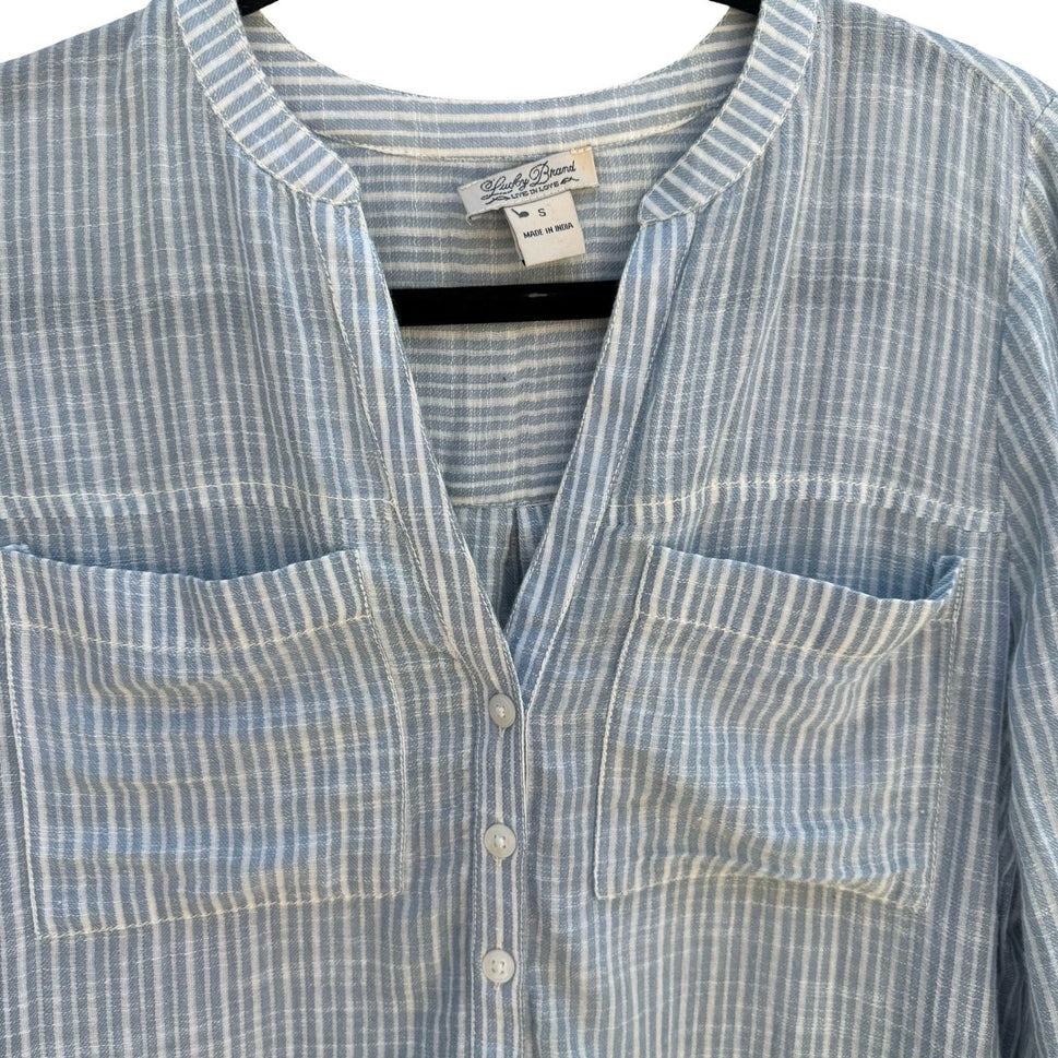 Lucky Brand Indian Cotton Linen Striped Henley Blouse Coastal Boho Blue Womens S