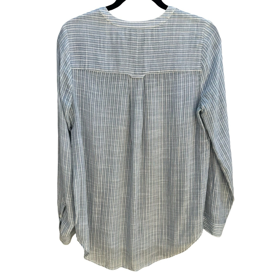 Lucky Brand Indian Cotton Linen Striped Henley Blouse Coastal Boho Blue Womens S