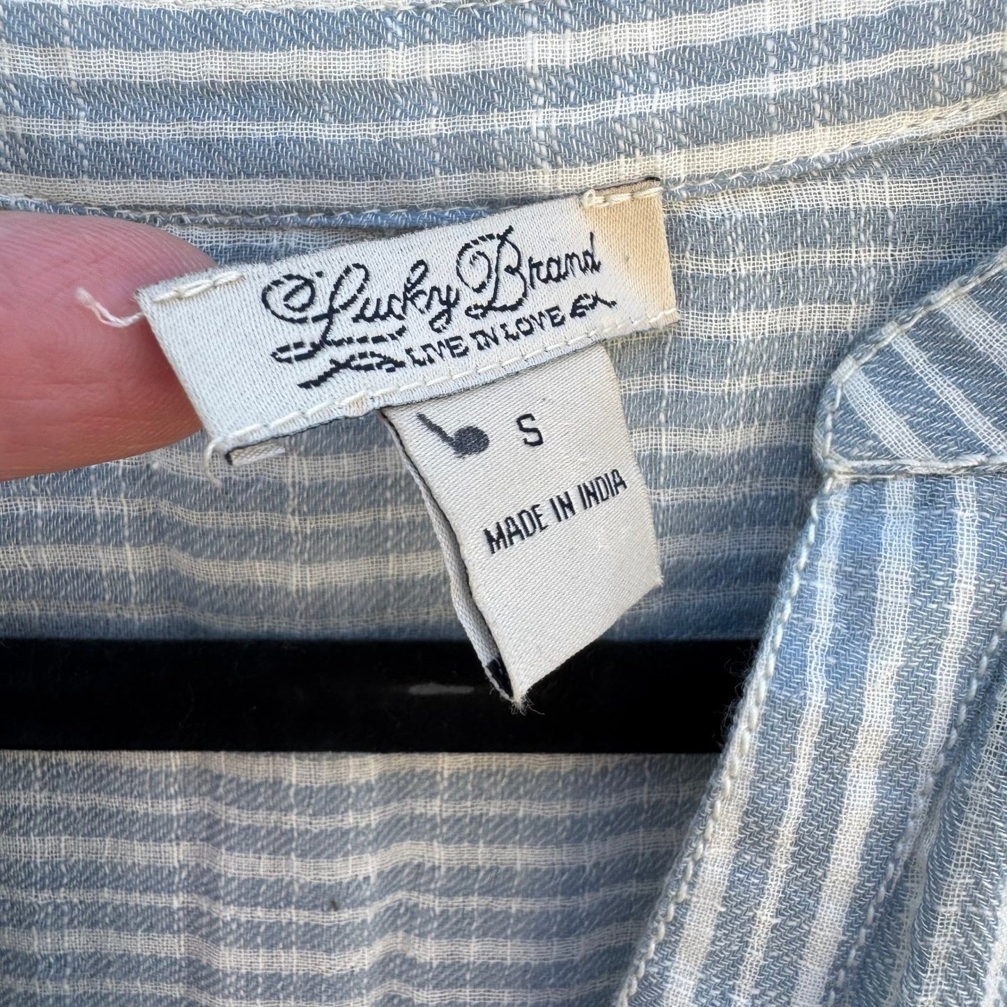 Lucky Brand Indian Cotton Linen Striped Henley Blouse Coastal Boho Blue Womens S