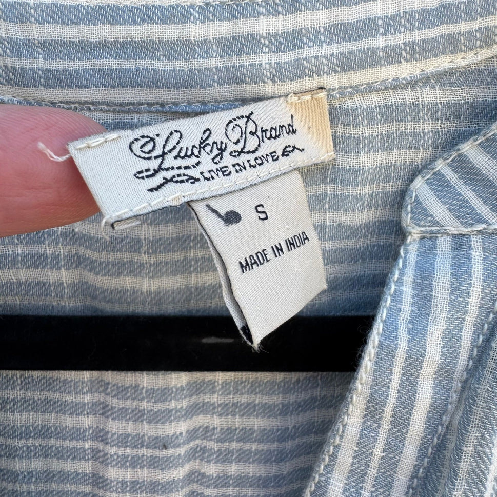 Lucky Brand Indian Cotton Linen Striped Henley Blouse Coastal Boho Blue Womens S