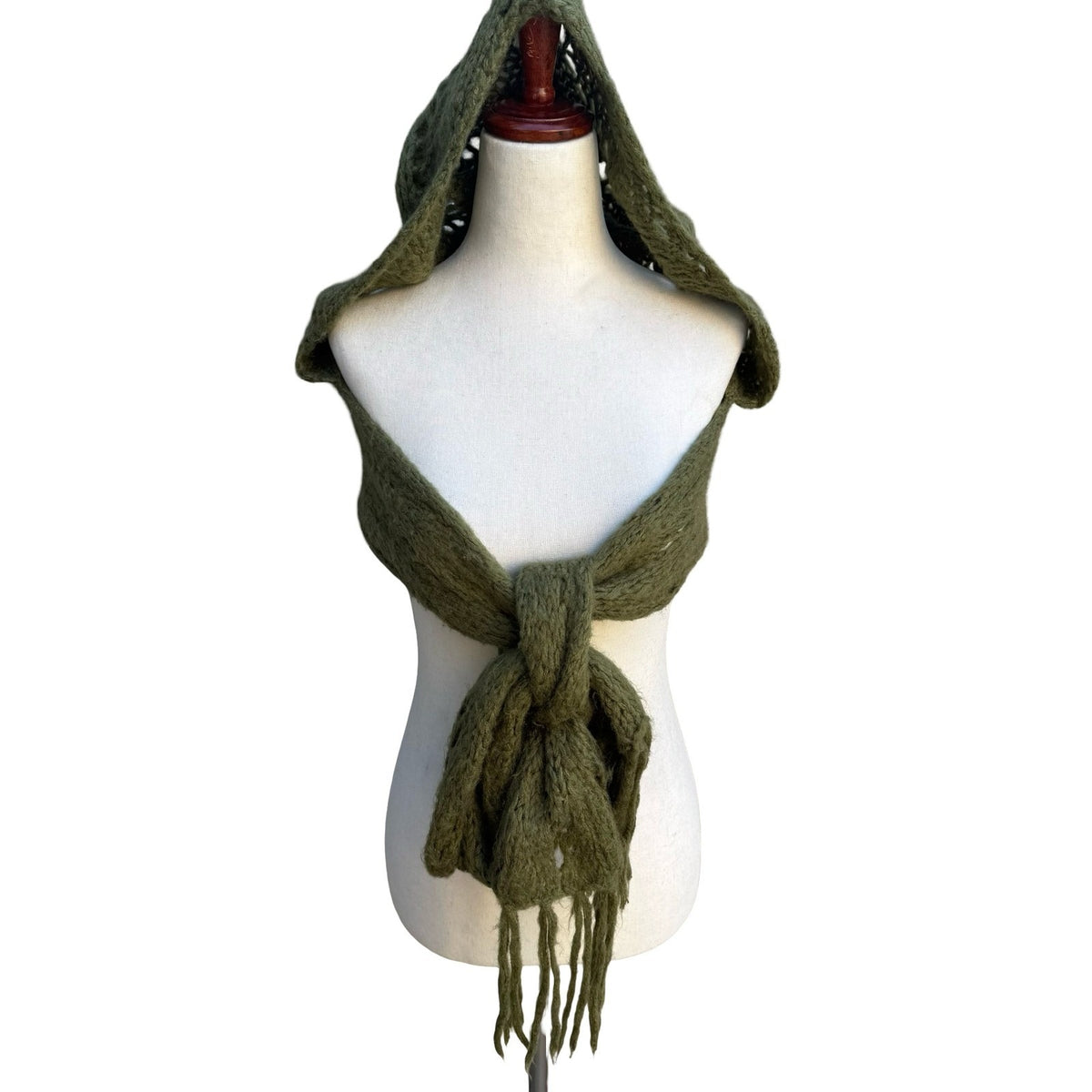 Earthy Boho Fairycore Goblincore Chunky Pointelle Knit Cozy Hooded Scarf Wrap OS