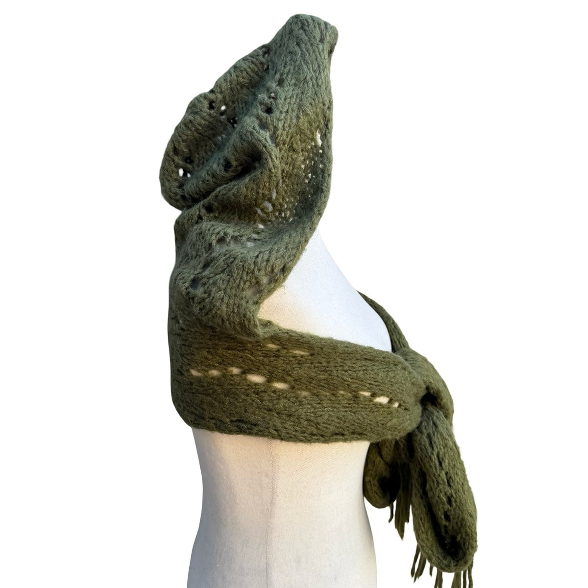 Earthy Boho Fairycore Goblincore Chunky Pointelle Knit Cozy Hooded Scarf Wrap OS