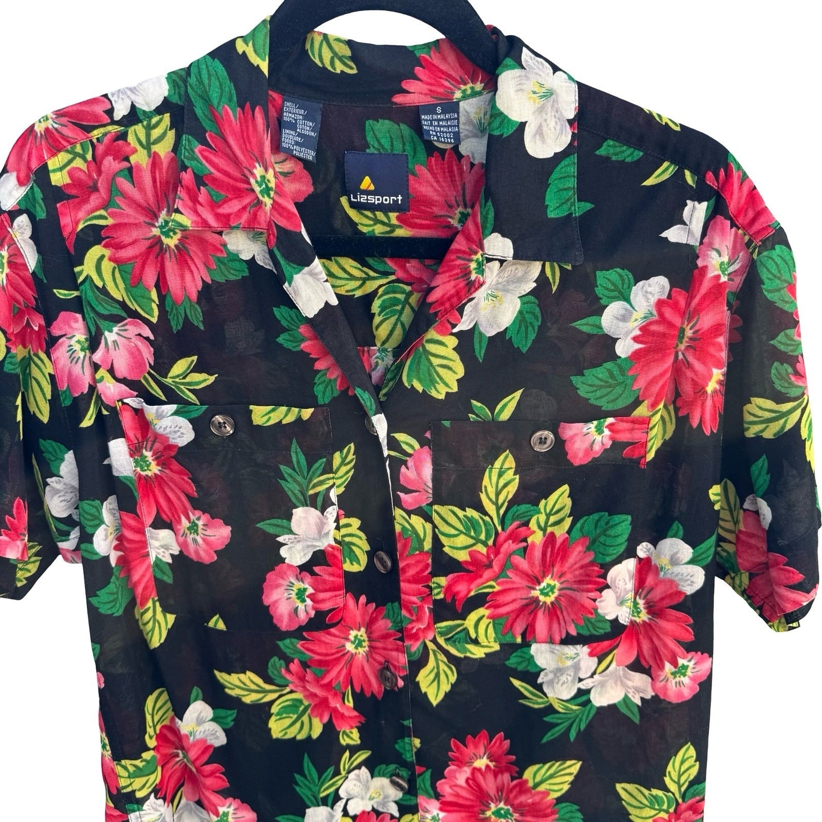 Lizsport Vintage Womens S Short Sleeve Button Up Tropical Floral Shirt Black Red