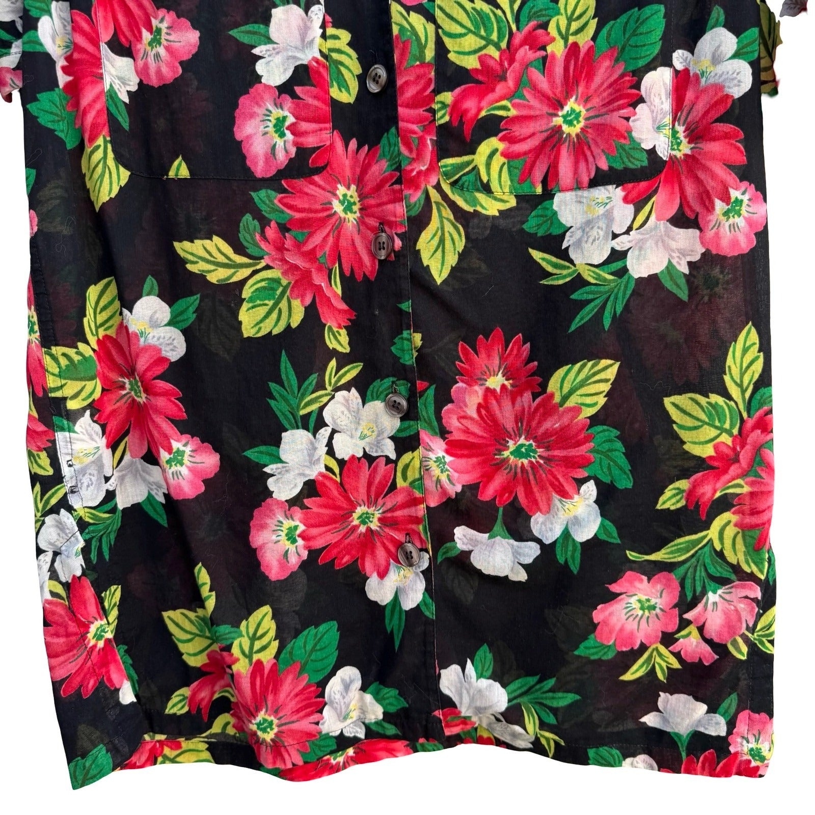 Lizsport Vintage Womens S Short Sleeve Button Up Tropical Floral Shirt Black Red