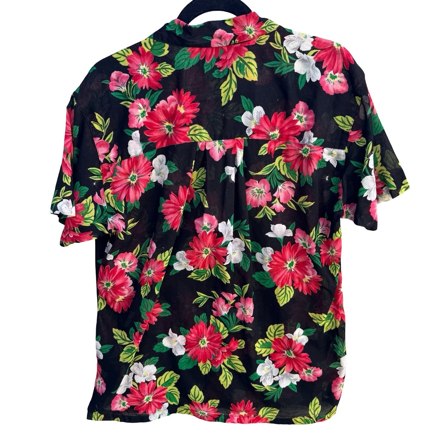 Lizsport Vintage Womens S Short Sleeve Button Up Tropical Floral Shirt Black Red