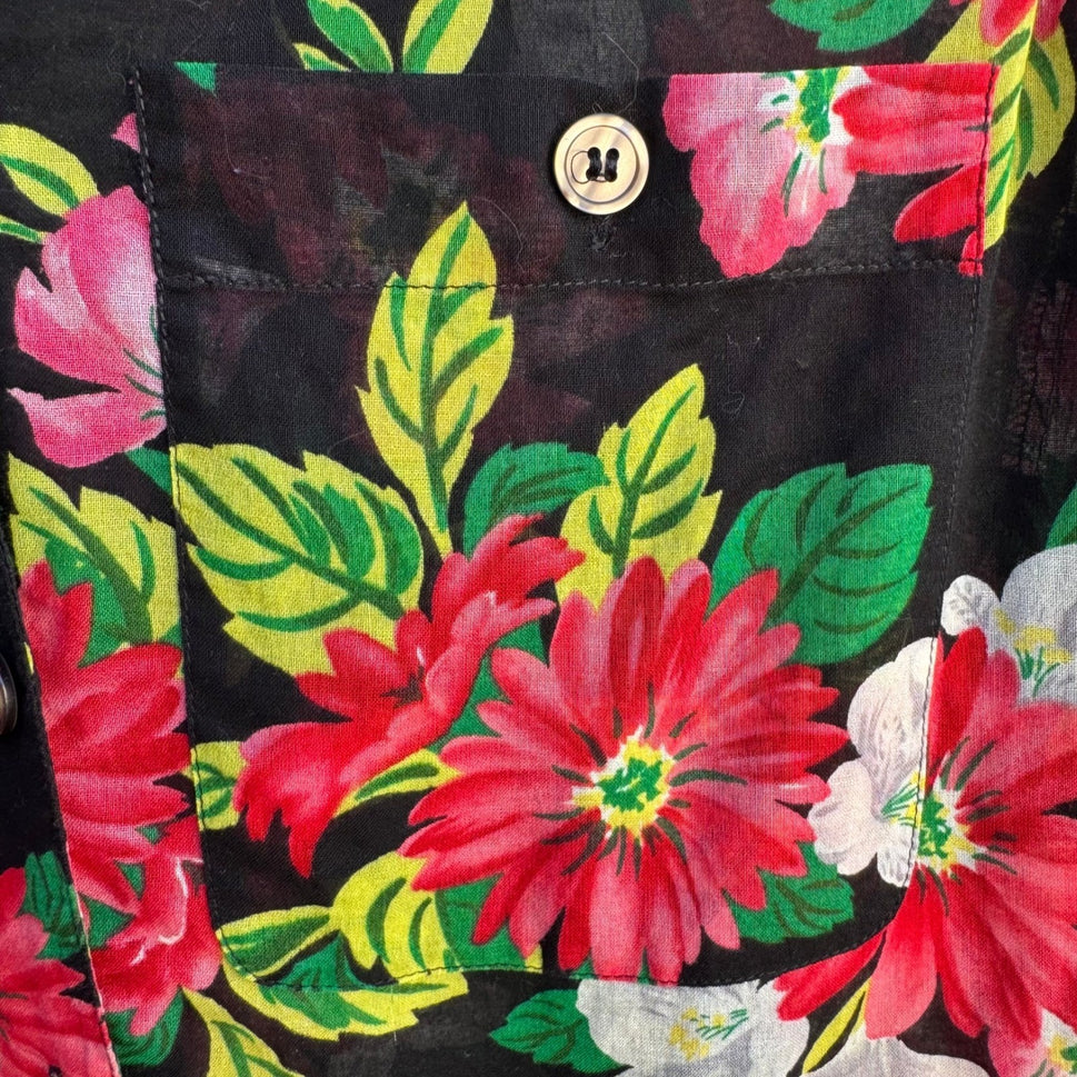 Lizsport Vintage Womens S Short Sleeve Button Up Tropical Floral Shirt Black Red