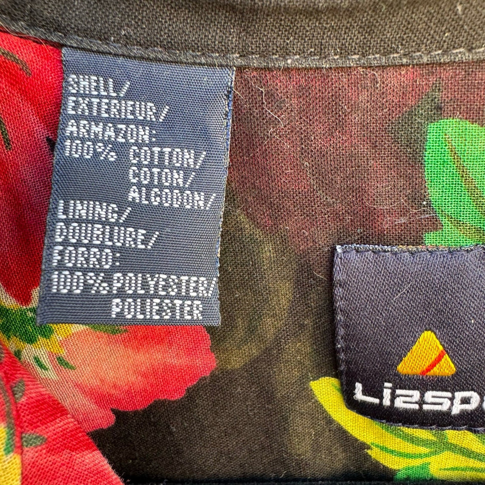 Lizsport Vintage Womens S Short Sleeve Button Up Tropical Floral Shirt Black Red
