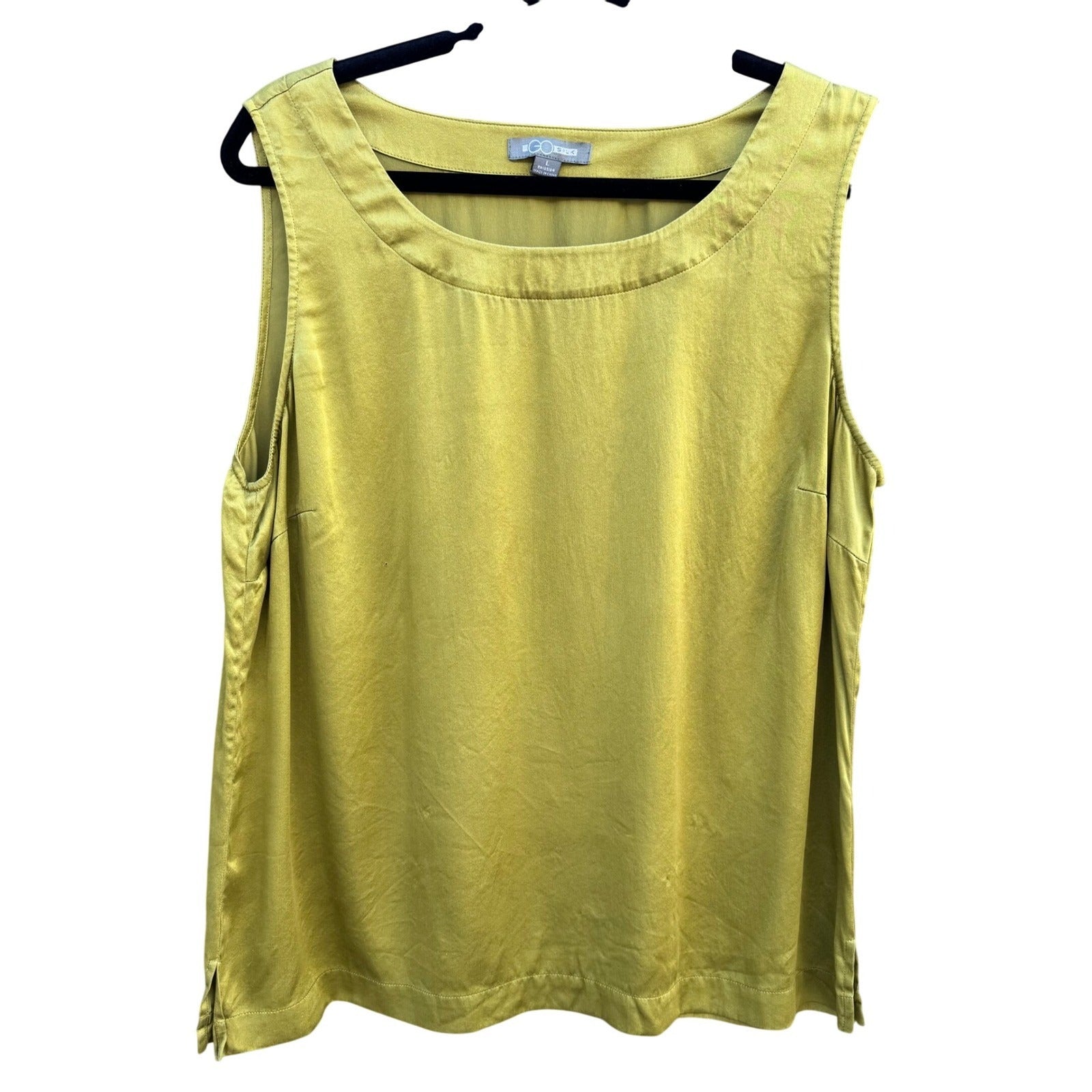 Go Silk Womens Chartreuse Green 100% Silk Sleeveless Scoop Neck Tank Top Large