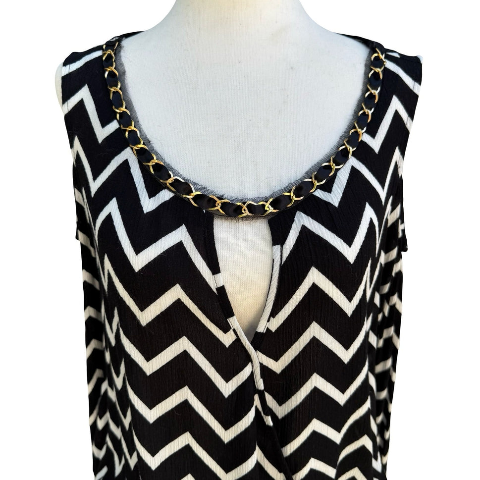 Pretty Good Chain Neckline Chevron Cold Shoulder Flowy Wrap Blouse Black Women M