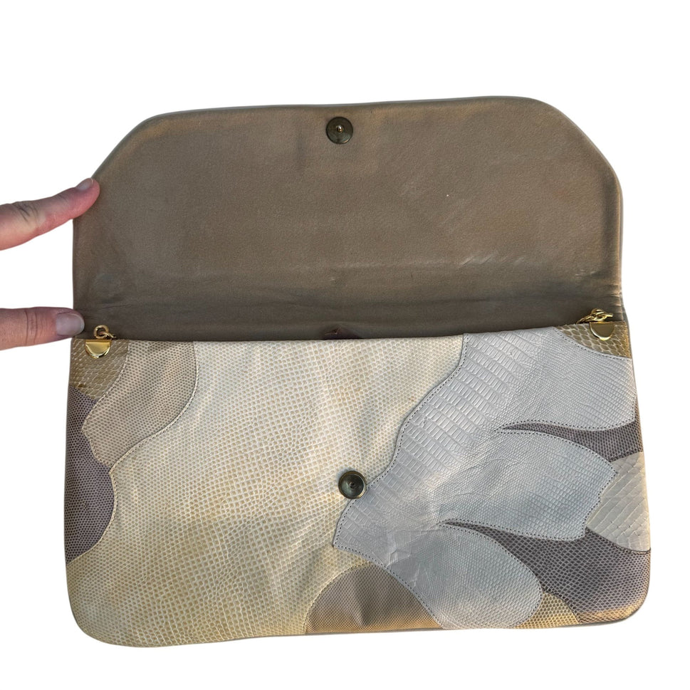 Carlo Fiori Lizard Python Italian Leather Patchwork Clutch Purse Snap Closure