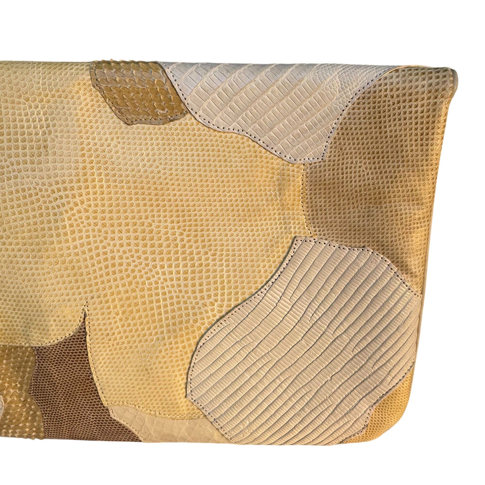 Carlo Fiori Lizard Python Italian Leather Patchwork Clutch Purse Snap Closure