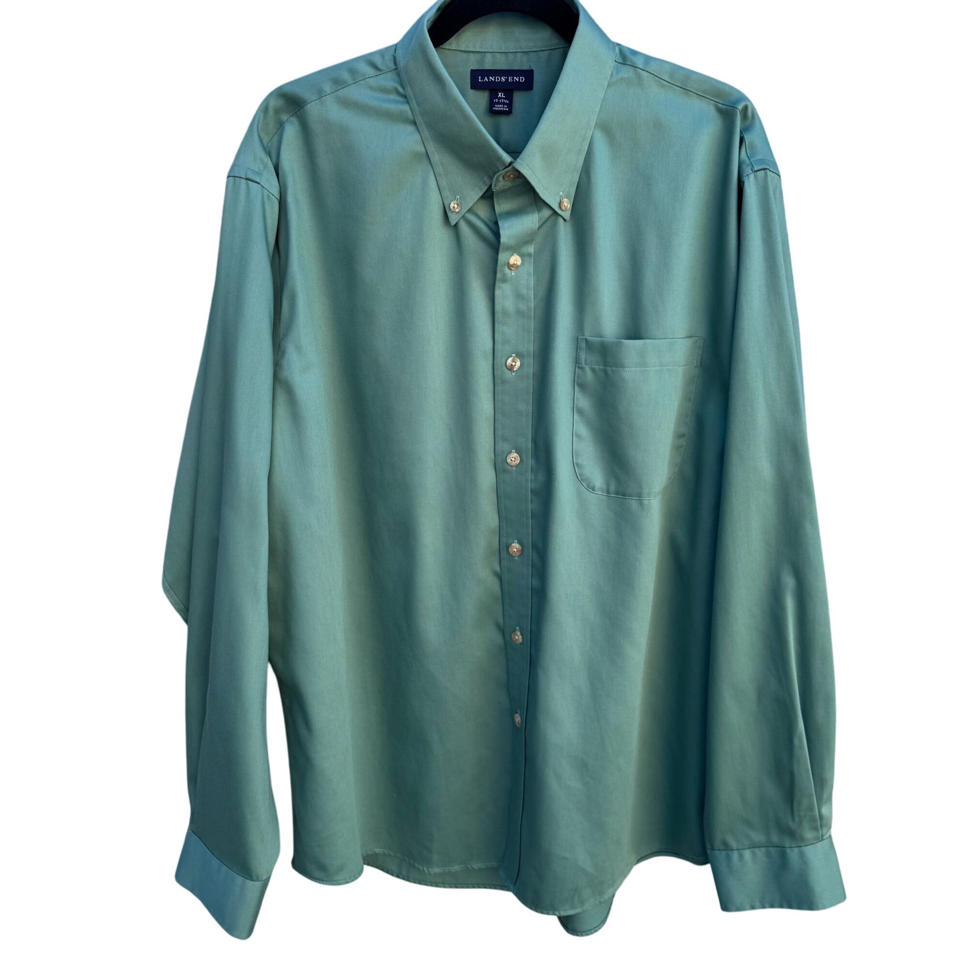 Lands End Vintage 90s Mens Green Long Sleeve Button-Down Dress Shirt XL 17-17.5