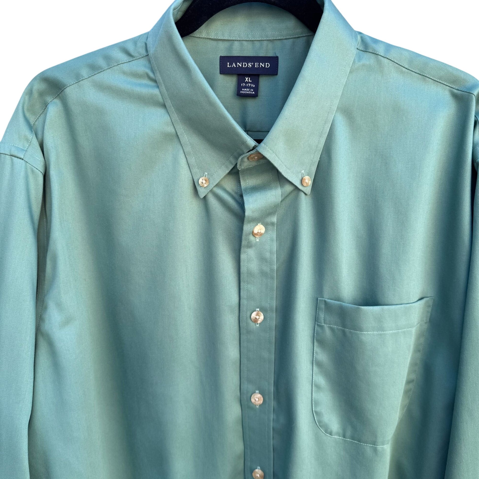 Lands End Vintage 90s Mens Green Long Sleeve Button-Down Dress Shirt XL 17-17.5