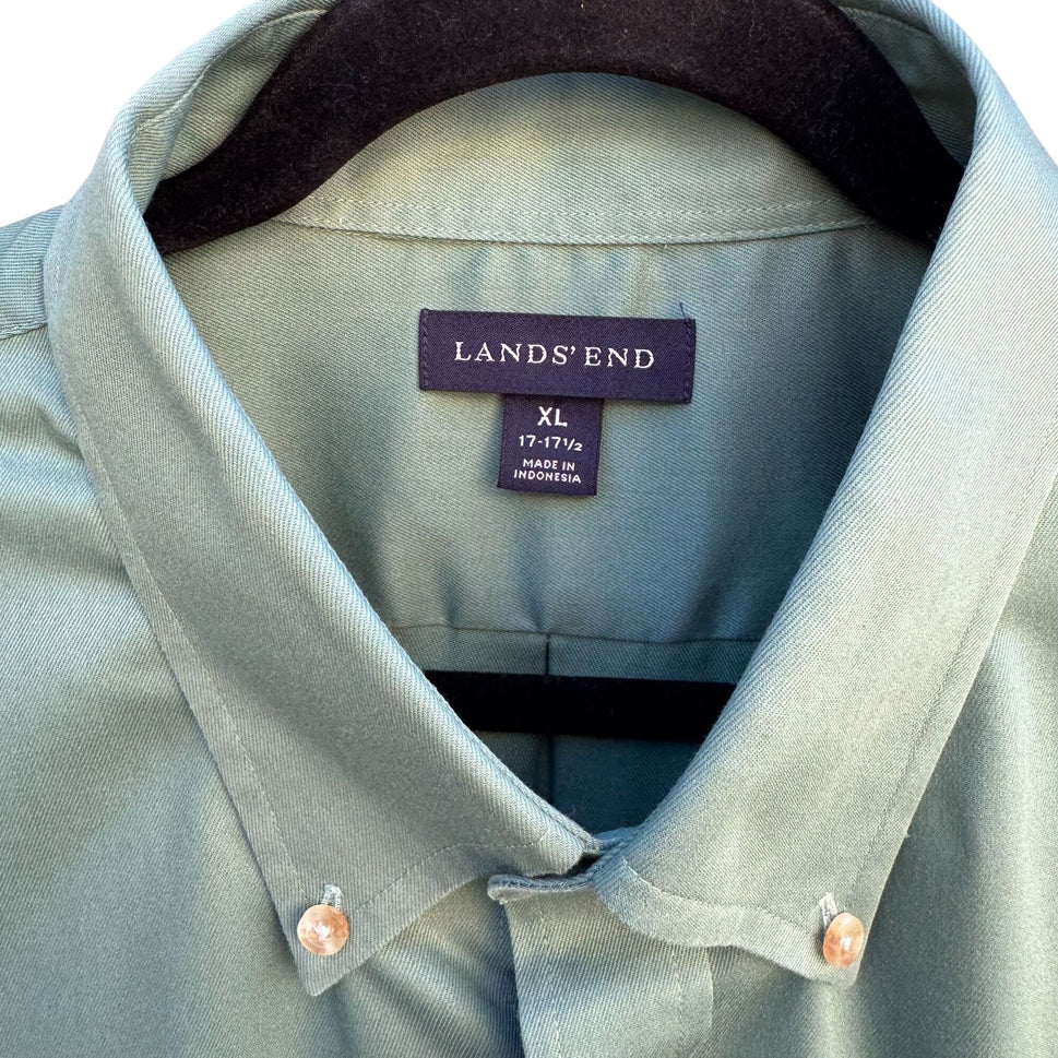 Lands End Vintage 90s Mens Green Long Sleeve Button-Down Dress Shirt XL 17-17.5