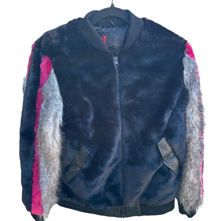 Adrienne Landau Vintage 90s Y2K Streetwear Glam Edgy Faux Fur Bomber Jacket S