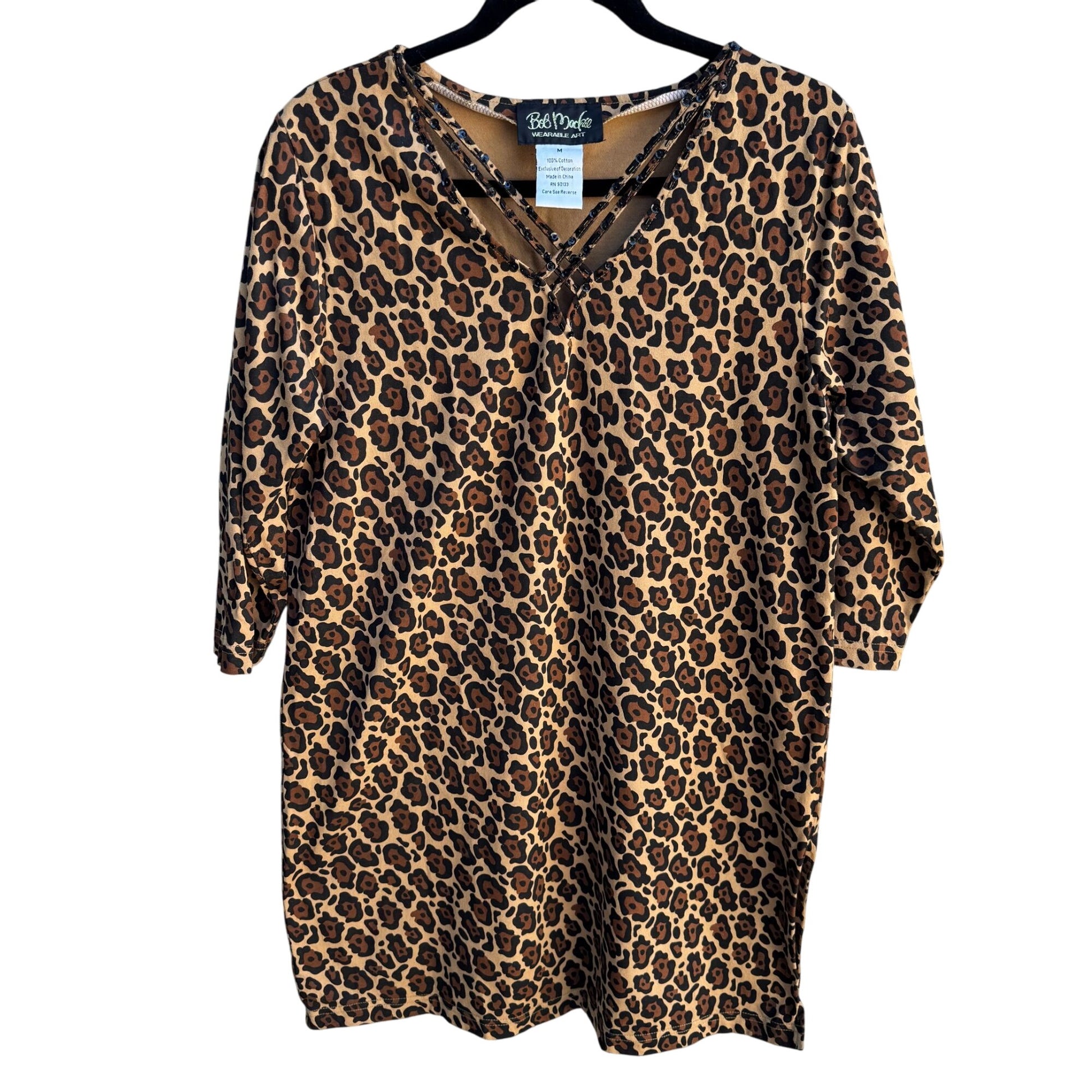 Bob Mackie Wearable Art Vintage Womens Leopard Print Sequin V Neck Knit Blouse M