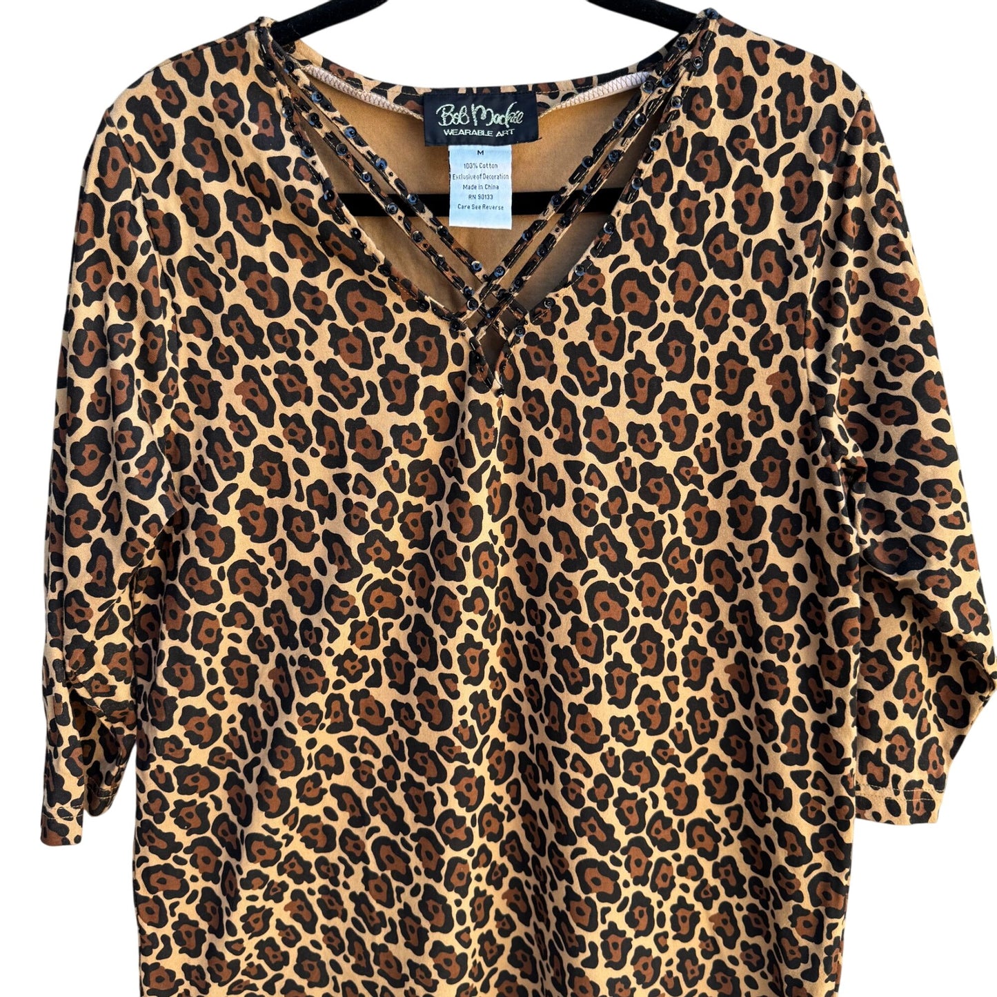 Bob Mackie Wearable Art Vintage Womens Leopard Print Sequin V Neck Knit Blouse M