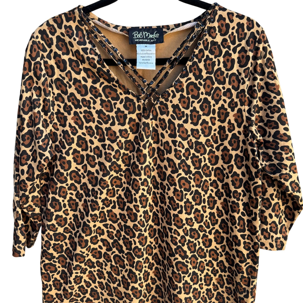 Bob Mackie Wearable Art Vintage Womens Leopard Print Sequin V Neck Knit Blouse M
