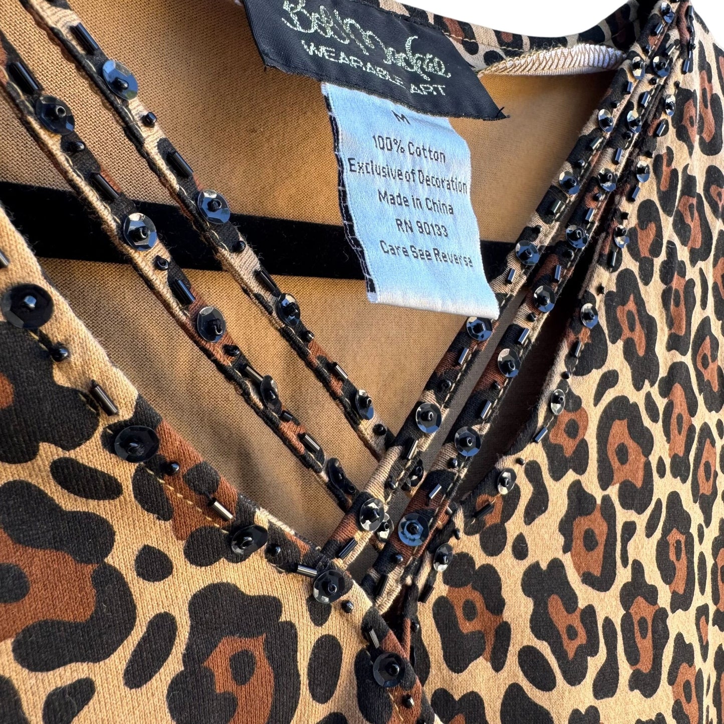 Bob Mackie Wearable Art Vintage Womens Leopard Print Sequin V Neck Knit Blouse M