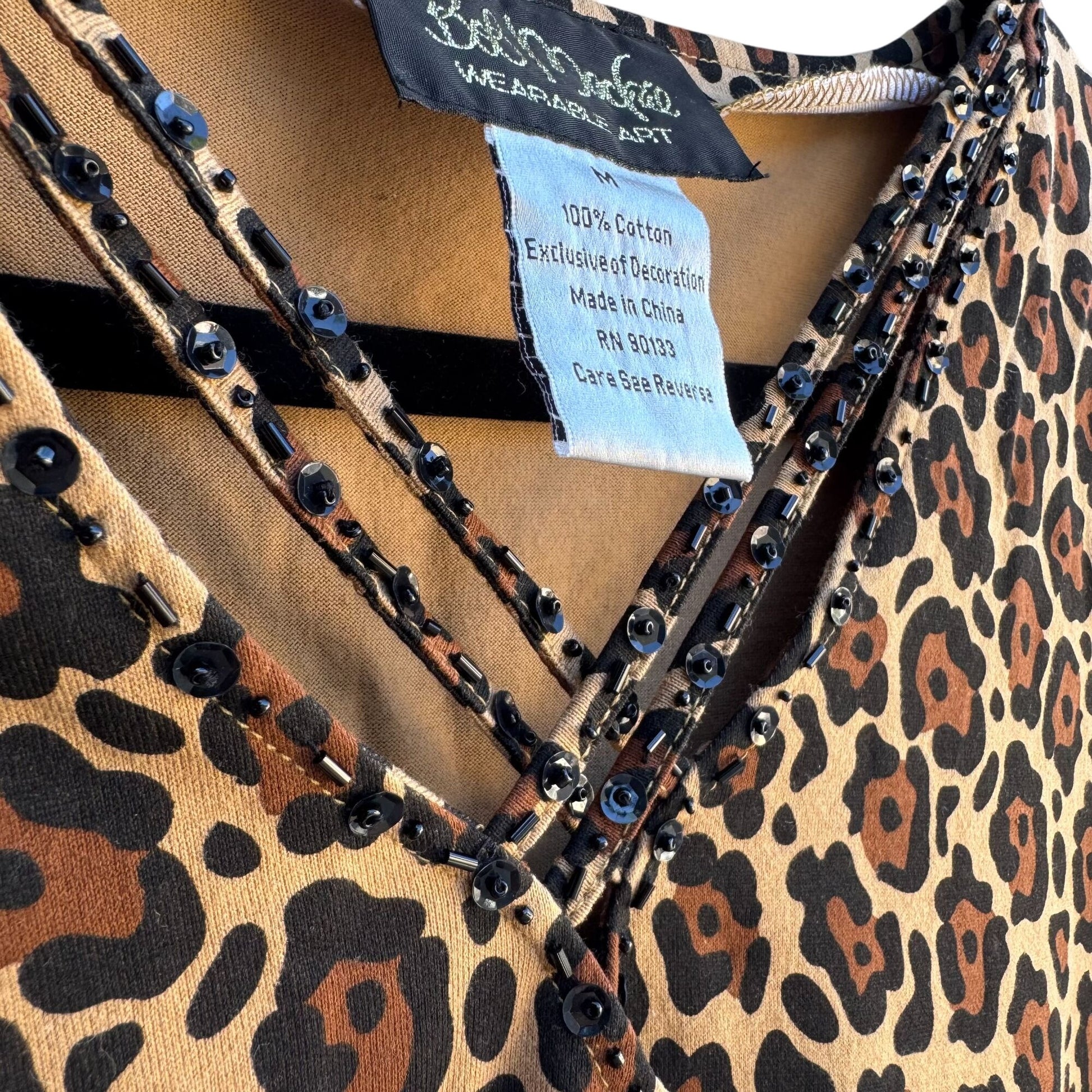 Bob Mackie Wearable Art Vintage Womens Leopard Print Sequin V Neck Knit Blouse M