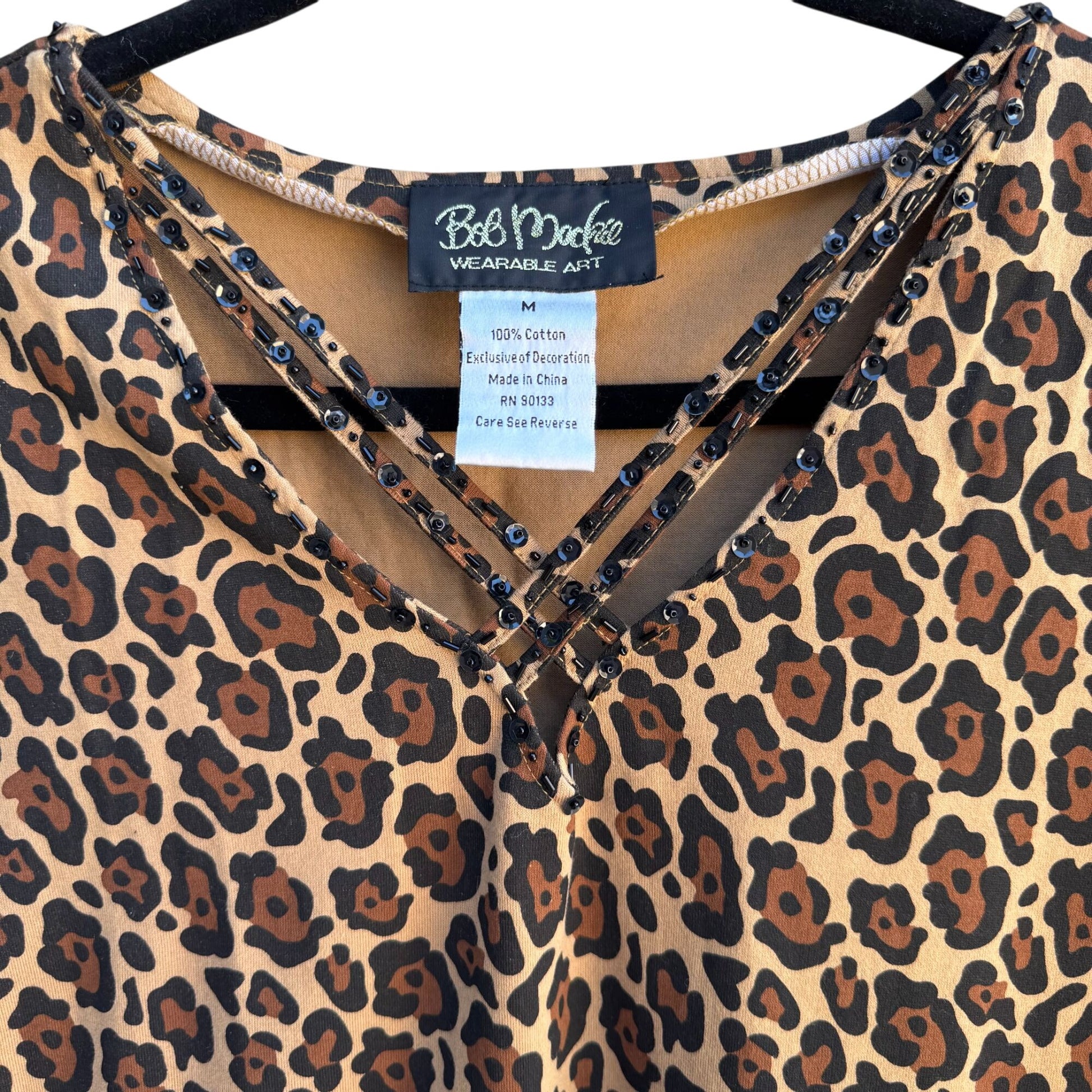 Bob Mackie Wearable Art Vintage Womens Leopard Print Sequin V Neck Knit Blouse M