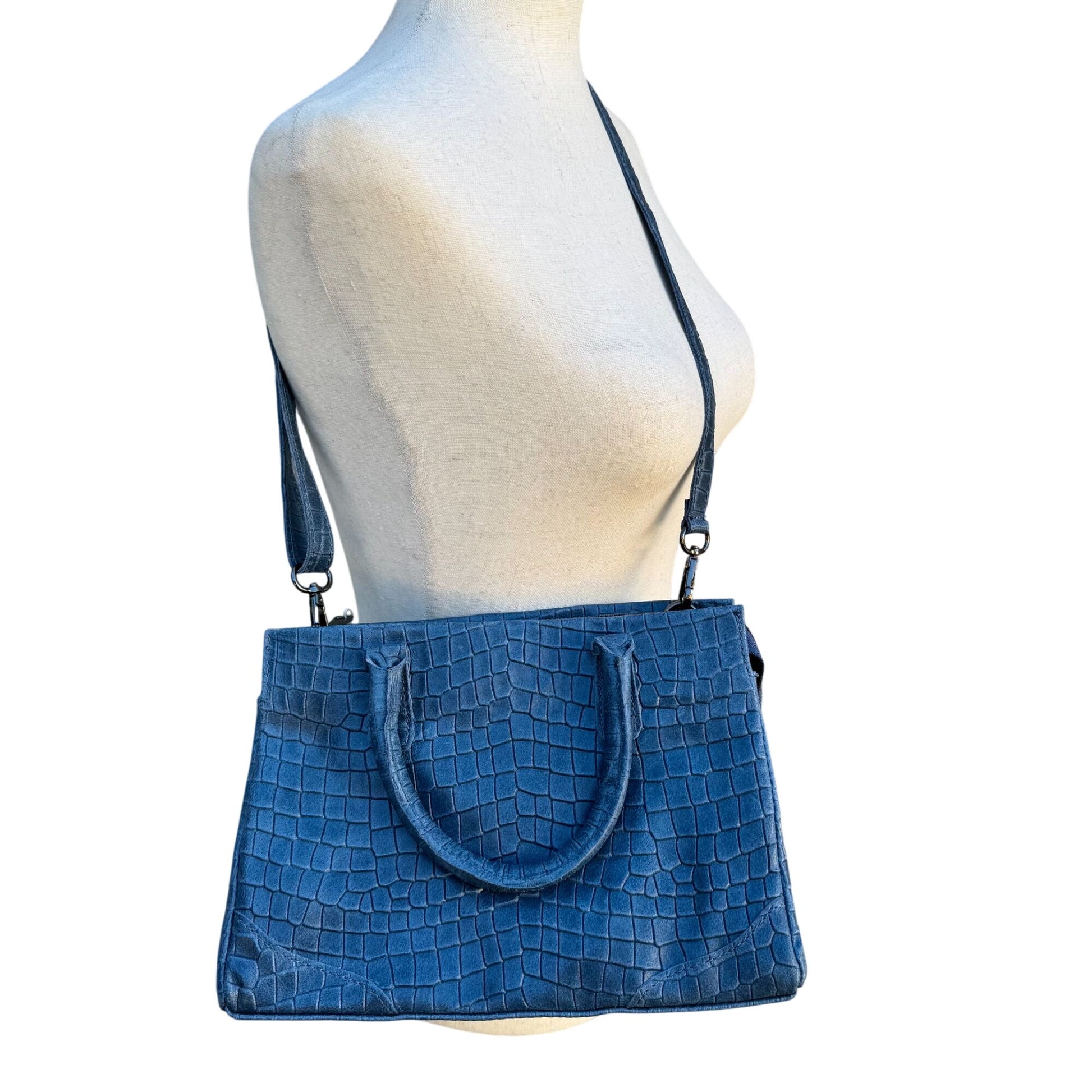 Genuine Italian Leather Croc Embossed Blue Luxury Bag Adjustable Removable Strap