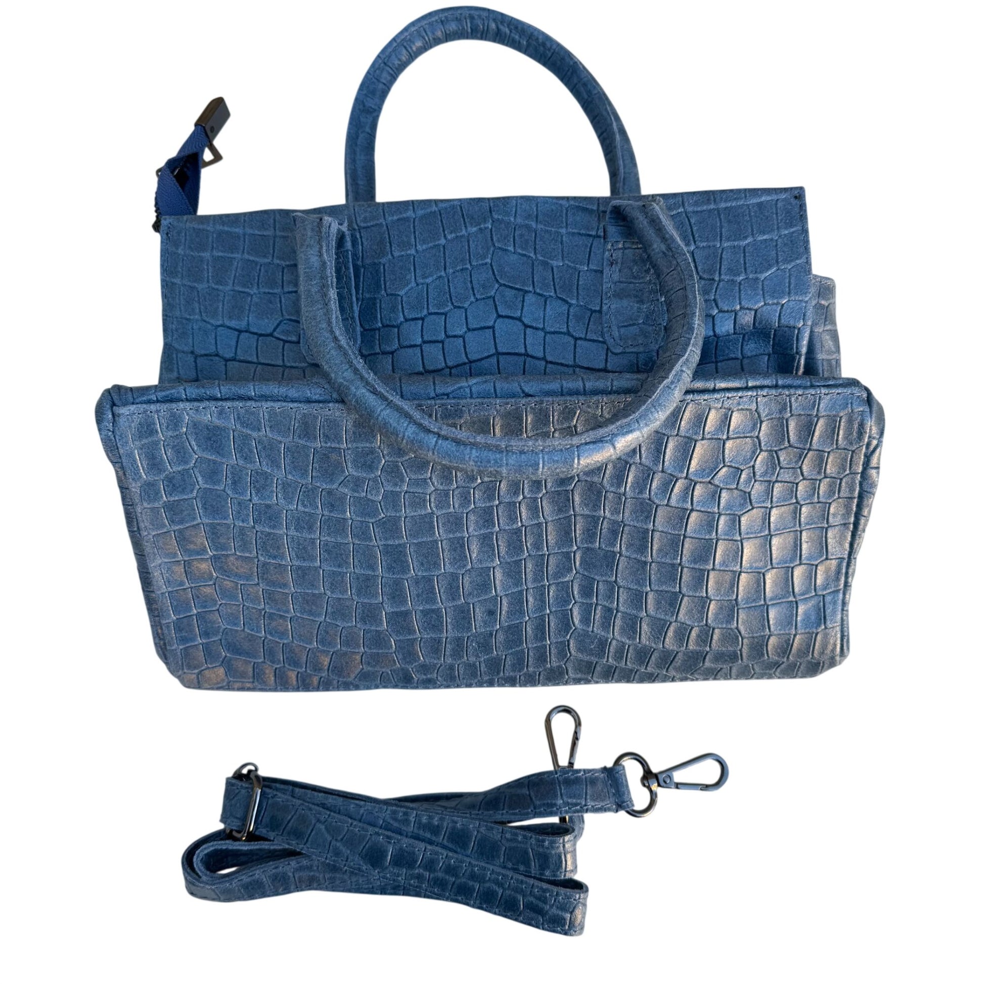 Genuine Italian Leather Croc Embossed Blue Luxury Bag Adjustable Removable Strap