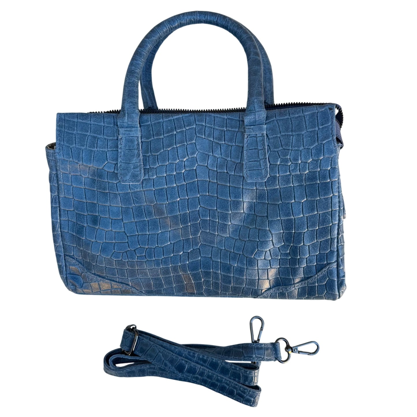 Genuine Italian Leather Croc Embossed Blue Luxury Bag Adjustable Removable Strap