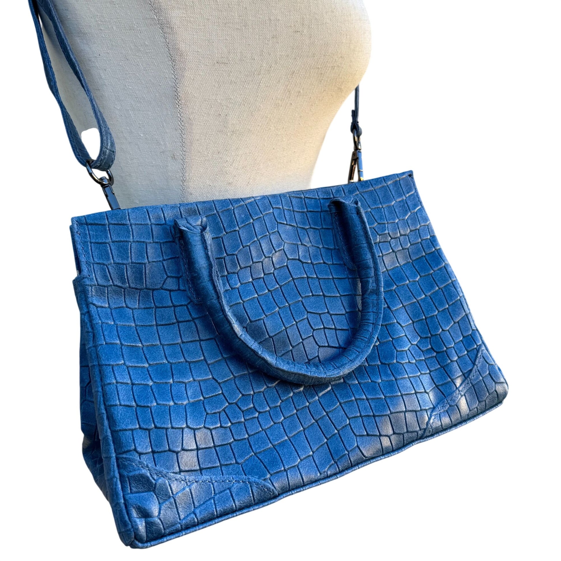 Genuine Italian Leather Croc Embossed Blue Luxury Bag Adjustable Removable Strap