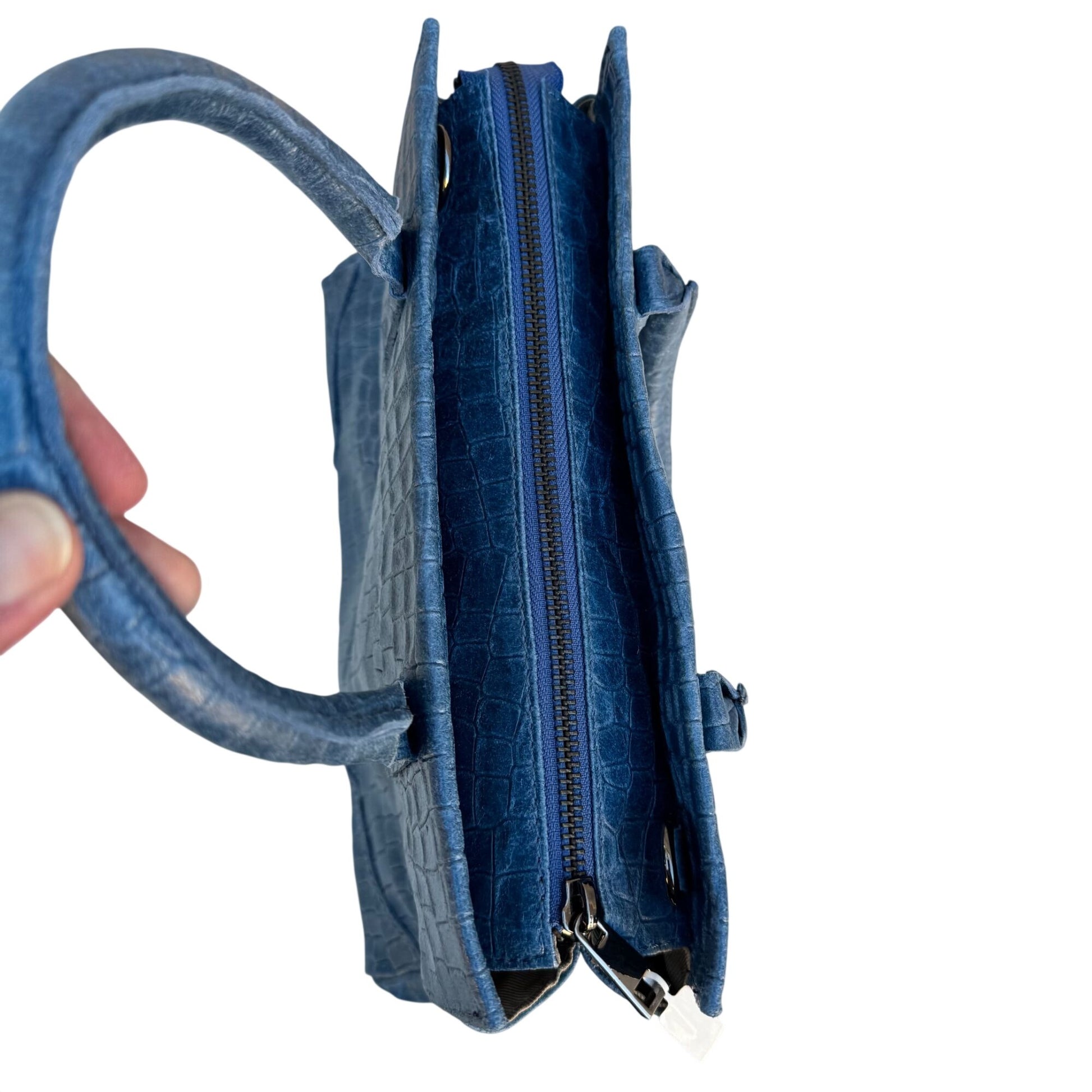 Genuine Italian Leather Croc Embossed Blue Luxury Bag Adjustable Removable Strap