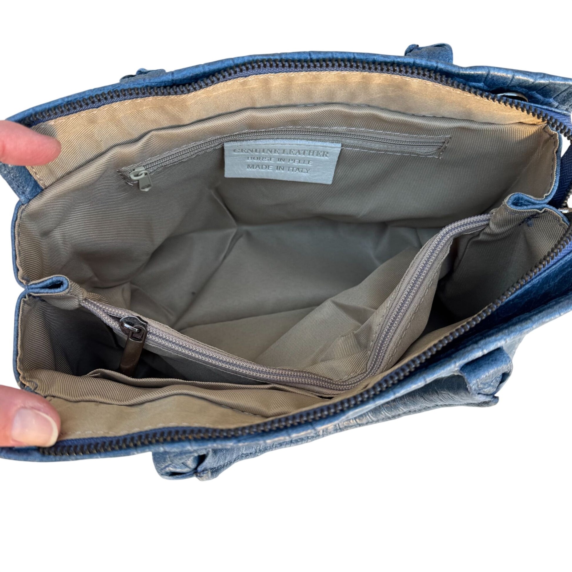 Genuine Italian Leather Croc Embossed Blue Luxury Bag Adjustable Removable Strap