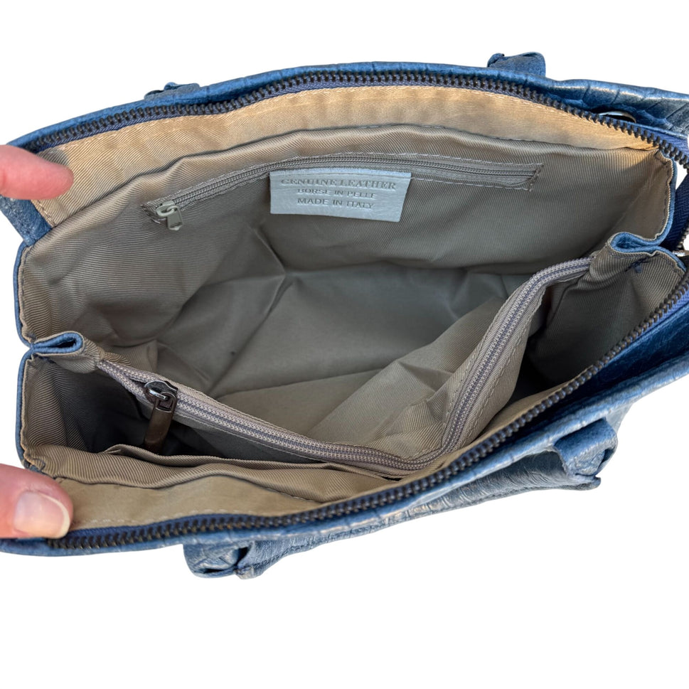 Genuine Italian Leather Croc Embossed Blue Luxury Bag Adjustable Removable Strap