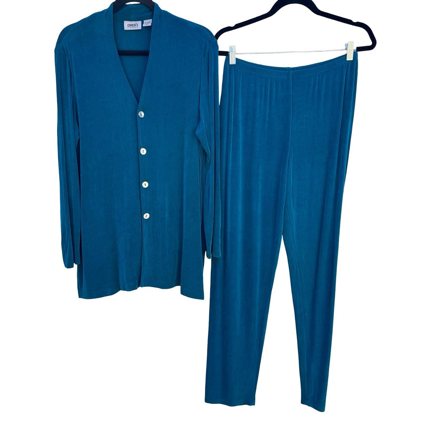Chicos Travelers Teal Blue Ribbed Knit 2 Piece Set Cardigan Pants Size 1 2 L M