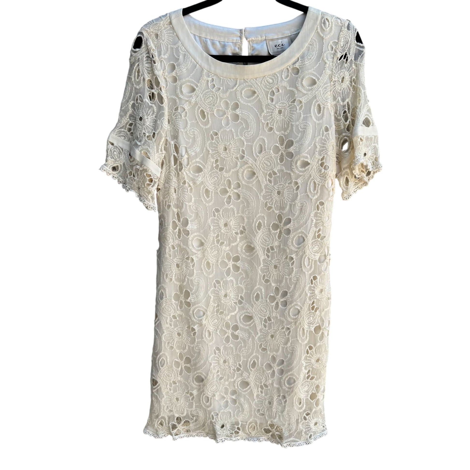 Eci New York Womens Boho Silk Ivory Floral Lace Sheer Short Sleeve Dress 12